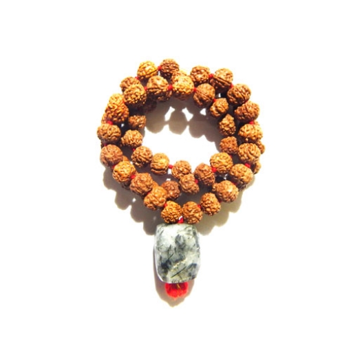 5 Face Rudraksha Mala with Black Rutile Pendant