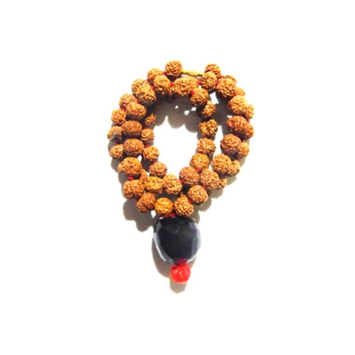 Picture of 5 Mukhi (Gesicht) Rudraksha Mala mit facettiertem schwarzem Onyx-Trommelanhänger