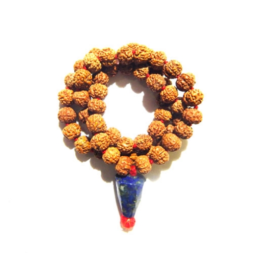 Picture of 5 Mukhi (Face) Rudraksha Mala with Faceted Lapis Tumble Pendant