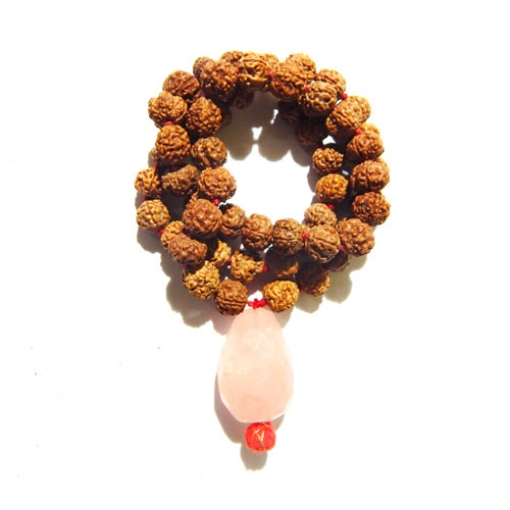 Picture of 5 Mukhi (Face) Rudraksha Mala with Faceted Rose Quartz Tumble Pendant