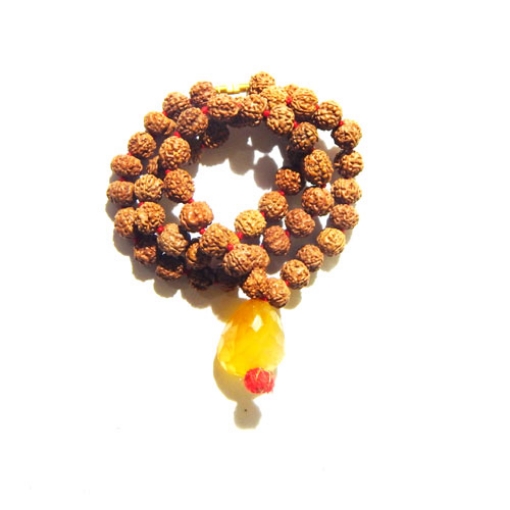 Picture of 5 Mukhi (Face) Rudraksha Mala with Faceted Yellow Aventurine Tumble Pendant