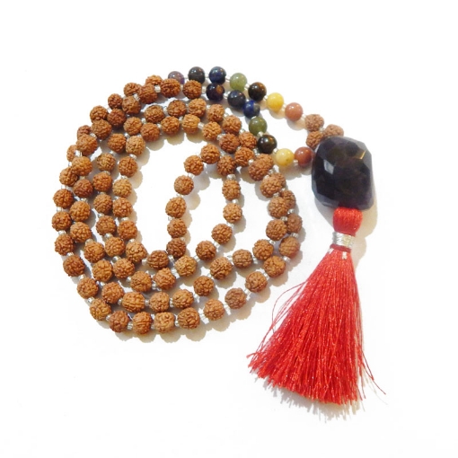 Picture of 7 Chakra Rudraksha Mala mit Amethyst dunkel facettiert Tumble Anhänger & 7 Chakra Edelsteinperlen