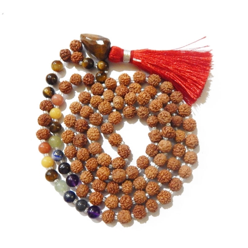 Picture of 7 Chakra Rudraksha Mala mit Tigerauge facettiertem Trommelanhänger & Tigerauge und 7 Chakra Edelsteinperlen