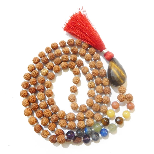 Picture of 7 Chakra Rudraksha Mala mit facettiertem Tigerauge-Trommelanhänger und 7 Chakra-Edelsteinperlen