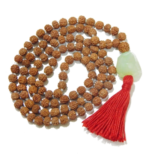 Picture of Rudraksha Mala mit facettiertem Aqua-Onyx-Trommelanhänger