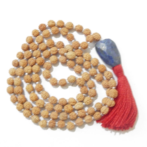 Picture of Rudraksha Mala mit facettiertem Lapislazuli-Trommelanhänger