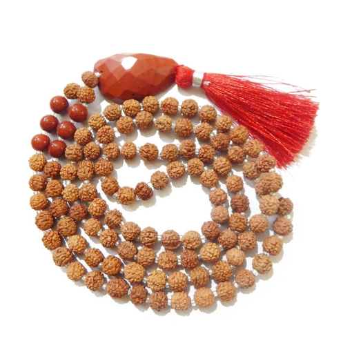 Picture of Rudraksha Mala mit facettiertem Trommelanhänger aus rotem Jaspis und roten Jaspis-Edelsteinperlen