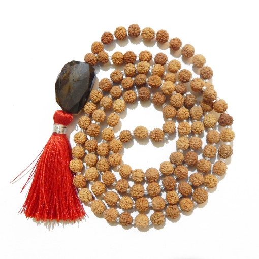 Picture of Rudraksha Mala mit facettiertem Rauchquarz-Trommelanhänger