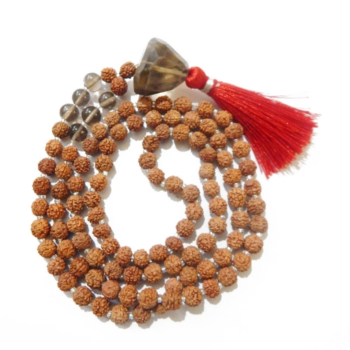 Picture of Rudraksha Mala mit facettiertem Rauchquarz-Trommelanhänger und Rauchquarz-Edelsteinperlen