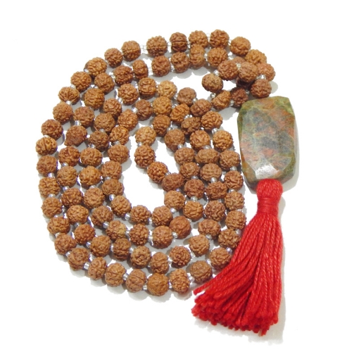 Picture of Rudraksha Mala mit facettiertem Unakit-Anhänger