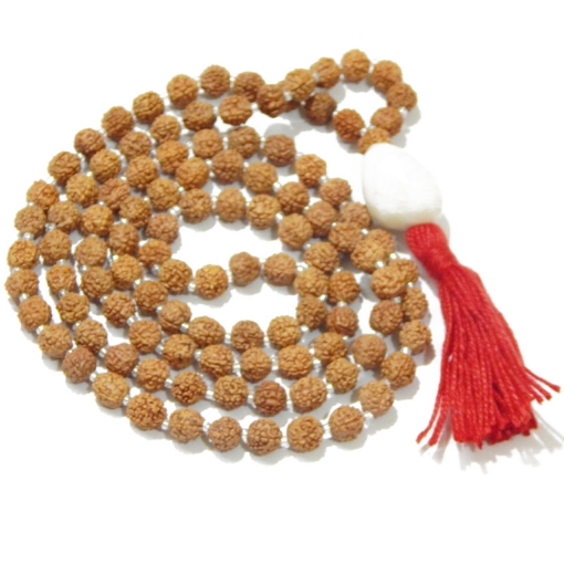 Picture of Rudraksha Mala mit facettiertem weißem Achat-Trommelanhänger